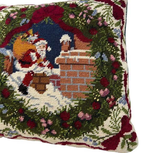 Vintage Needlepoint Santa Rooftop Throw Pillow Floral Bows Classic Traditional - Picture 4 of 6